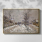 Front view of The Boulevard de Pontoise at Argenteuil, Snow Effect, 1875 by Claude Monet in a gold floater framed canvas.