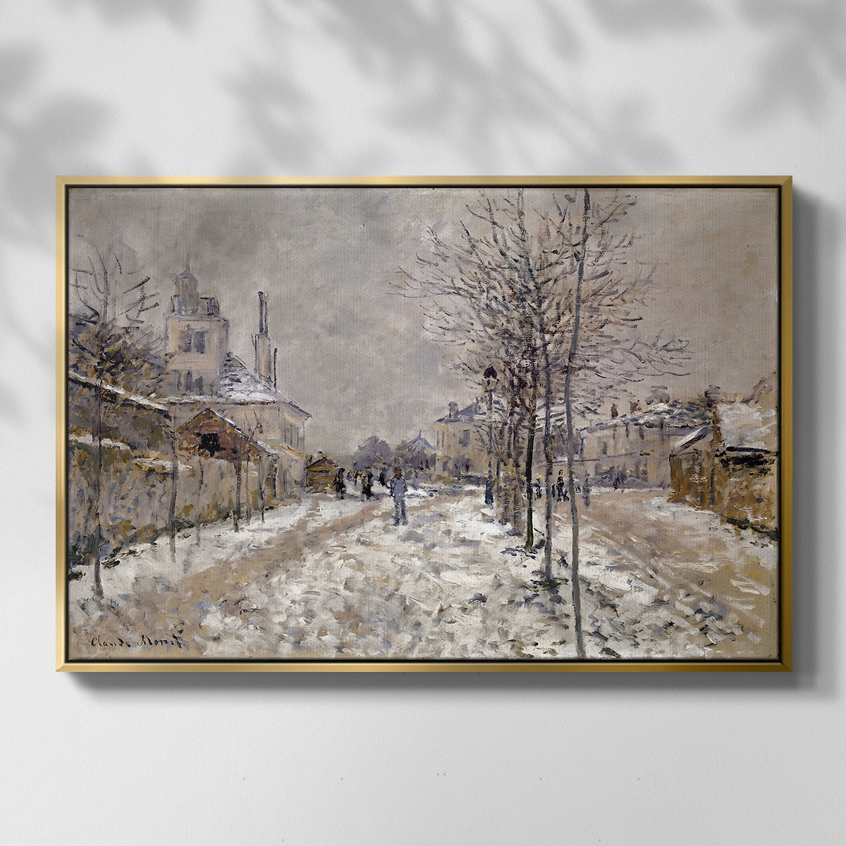 Front view of The Boulevard de Pontoise at Argenteuil, Snow Effect, 1875 by Claude Monet in a gold floater framed canvas.