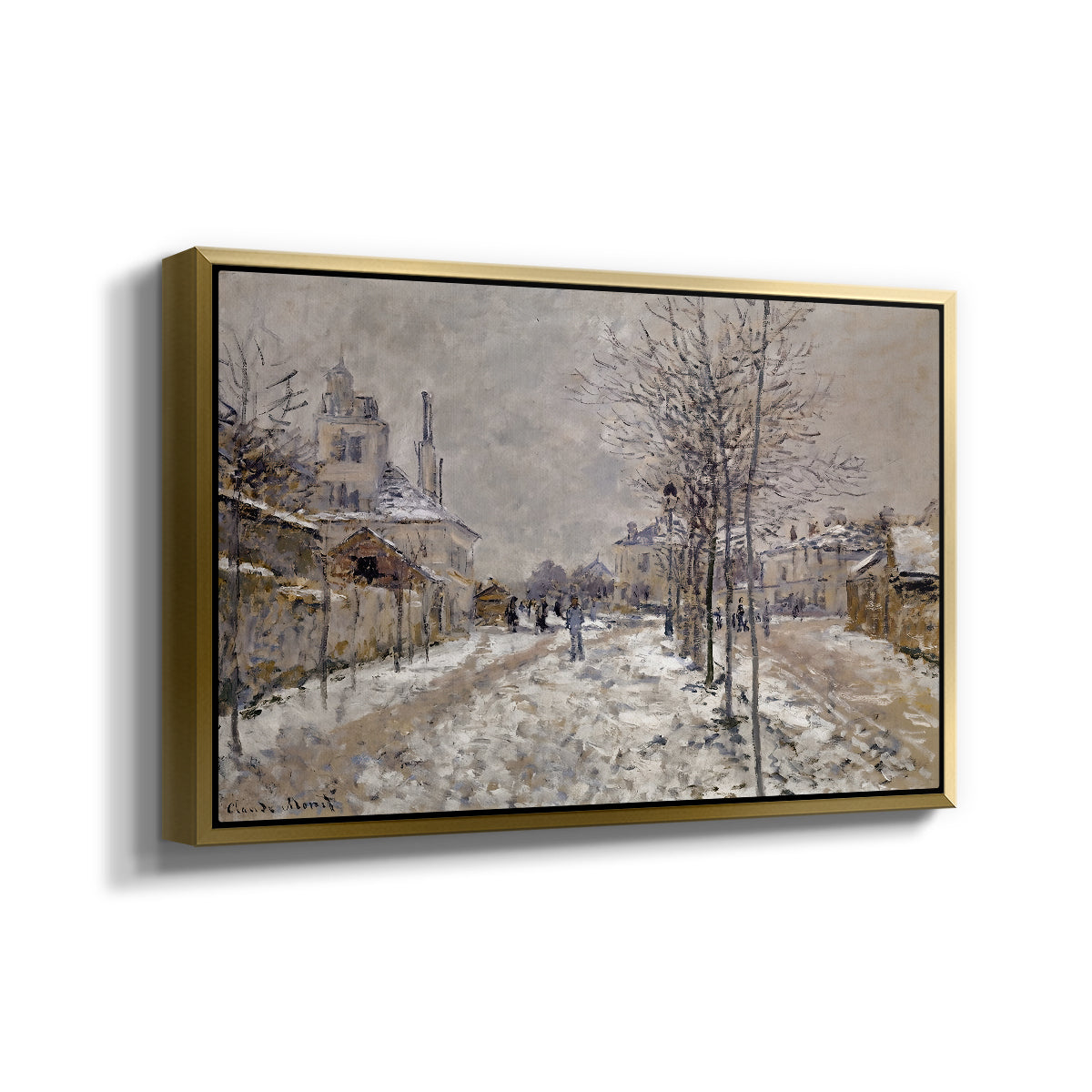 Angled view of The Boulevard de Pontoise at Argenteuil, Snow Effect, 1875 by Claude Monet in a gold floater framed canvas.