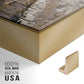 Close-up of the gold floater frame corner and gallery wrapped canvas construction.