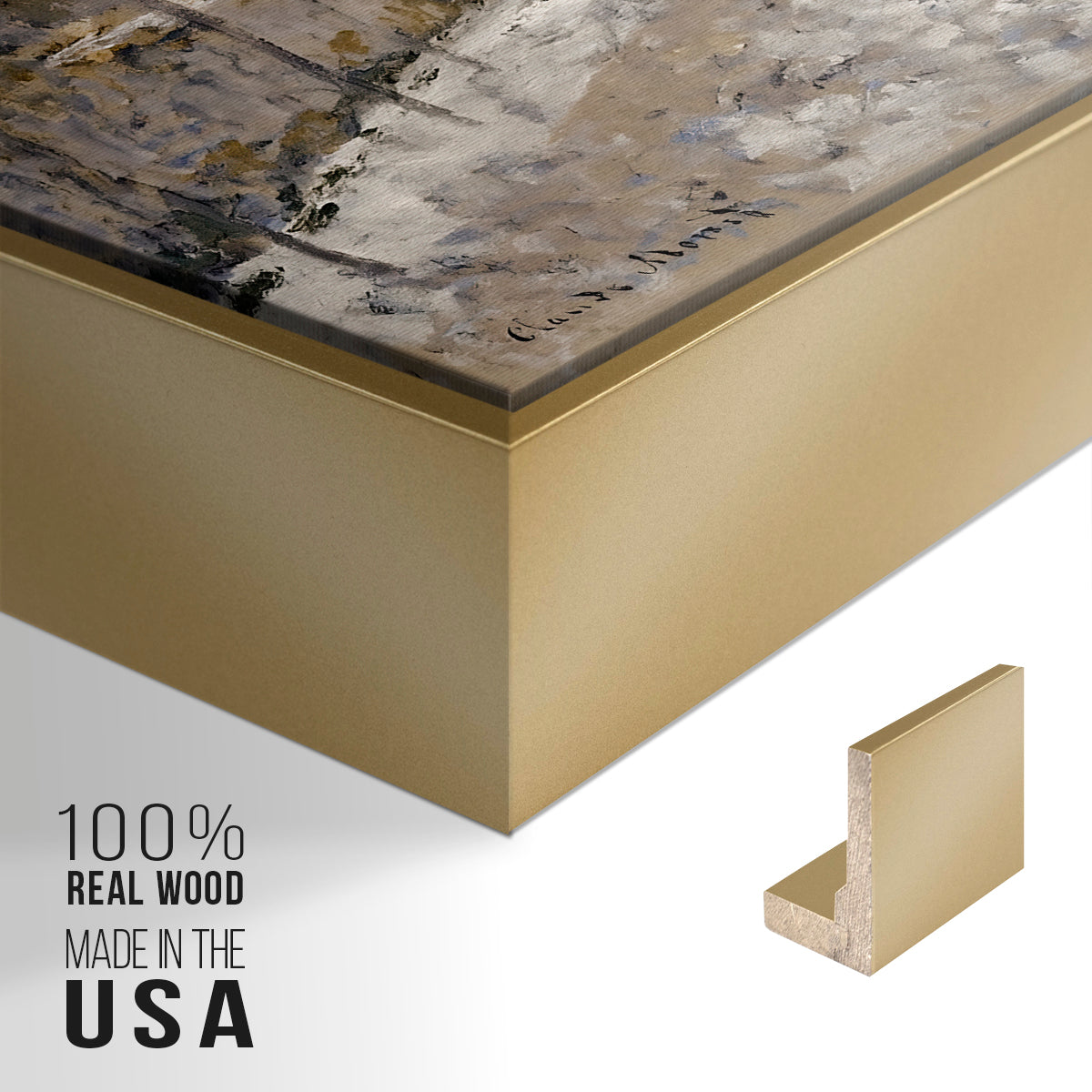 Close-up of the gold floater frame corner and gallery wrapped canvas construction.