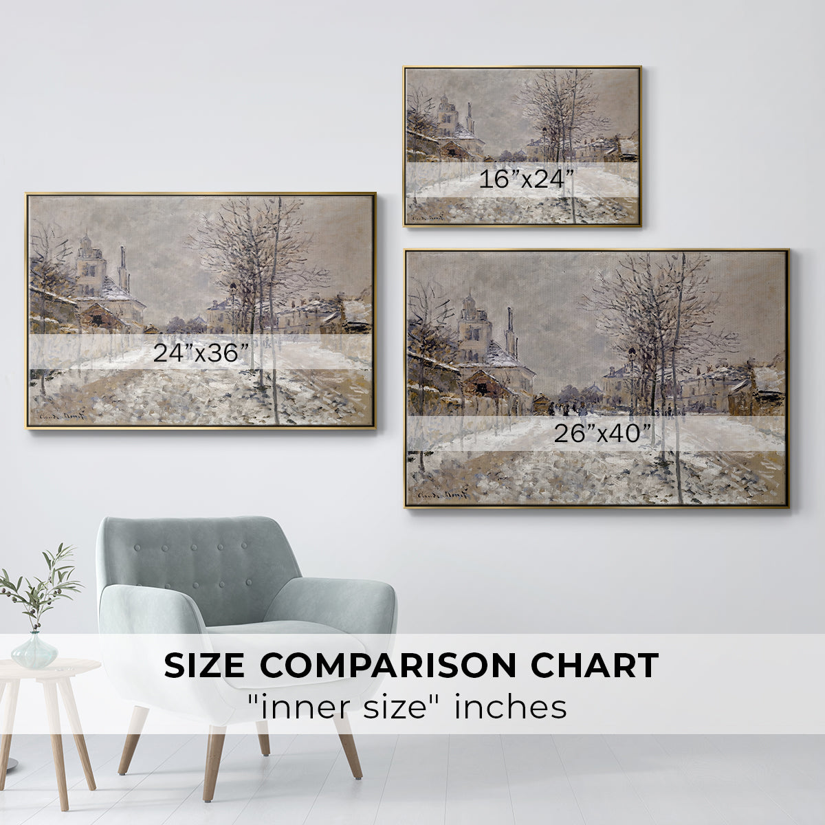 Size comparison chart for gold floater framed canvas featuring The Boulevard de Pontoise at Argenteuil, Snow Effect, 1875 by Claude Monet.