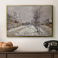The Boulevard de Pontoise at Argenteuil, Snow Effect, 1875 by Claude Monet in a gold floater framed canvas displayed above a console table in a hallway, featuring an urban winter landscape with muted tones and soft light.