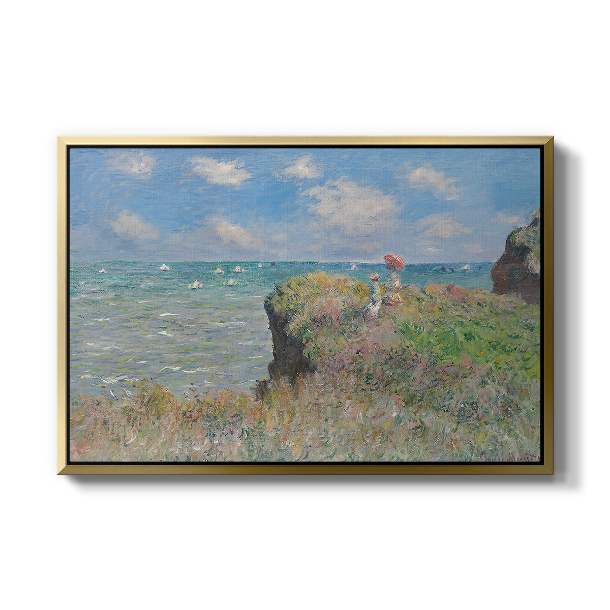 The Cliff Walk at Pourville, 1882 by Claude Monet in a gold floater framed canvas wall art display.