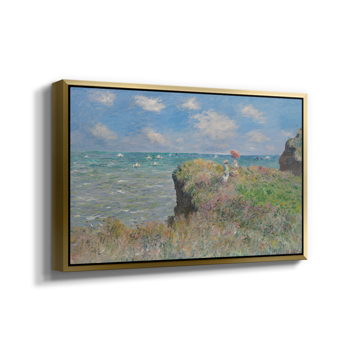 Angled view of The Cliff Walk at Pourville, 1882 by Claude Monet in a gold floater framed canvas.