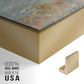 Close-up of the gold floater frame corner and gallery wrapped canvas construction.