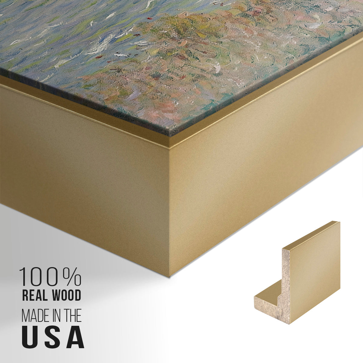 Close-up of the gold floater frame corner and gallery wrapped canvas construction.