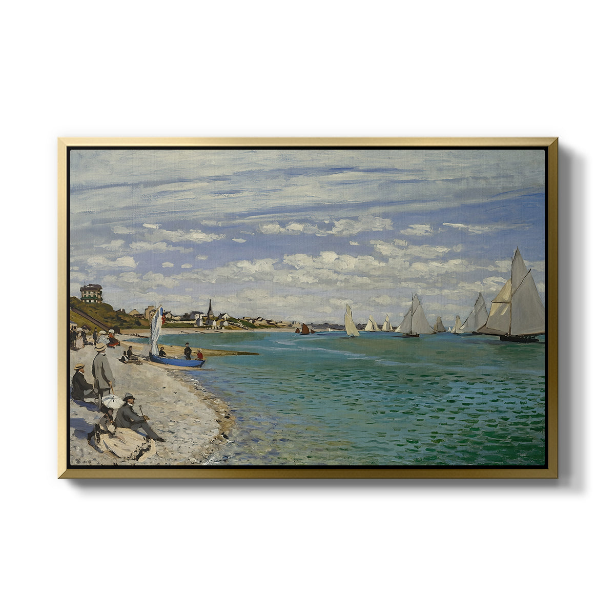 Regatta at Sainte-Adresse, 1867 by Claude Monet in a gold floater framed canvas wall art display.