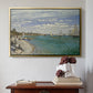 Gold floater framed canvas featuring Regatta at Sainte-Adresse, 1867 by Claude Monet above an entryway table in a minimalist foyer.