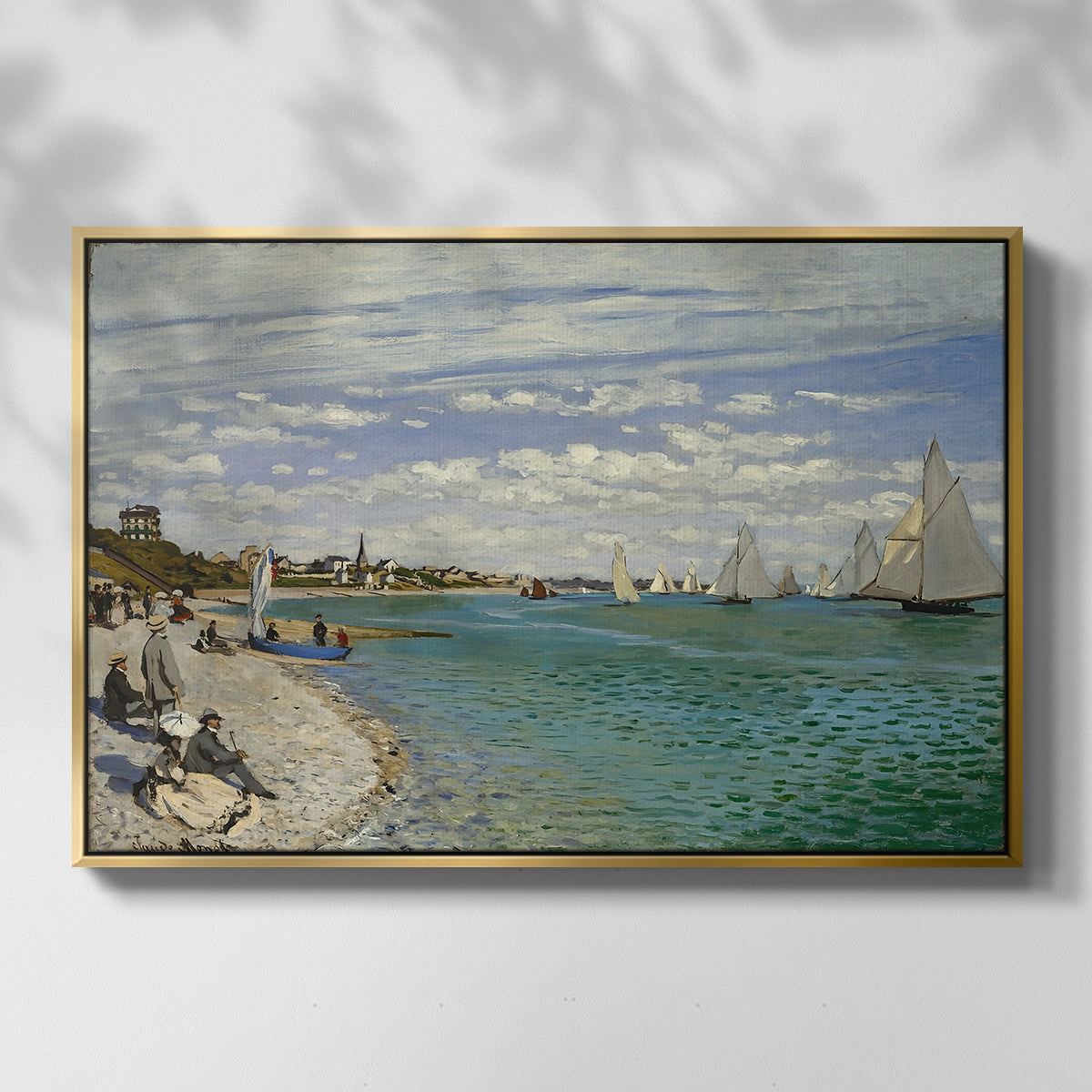 Front view of Regatta at Sainte-Adresse, 1867 by Claude Monet in a gold floater framed canvas.