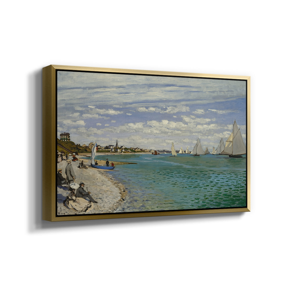 Angled view of Regatta at Sainte-Adresse, 1867 by Claude Monet in a gold floater framed canvas.
