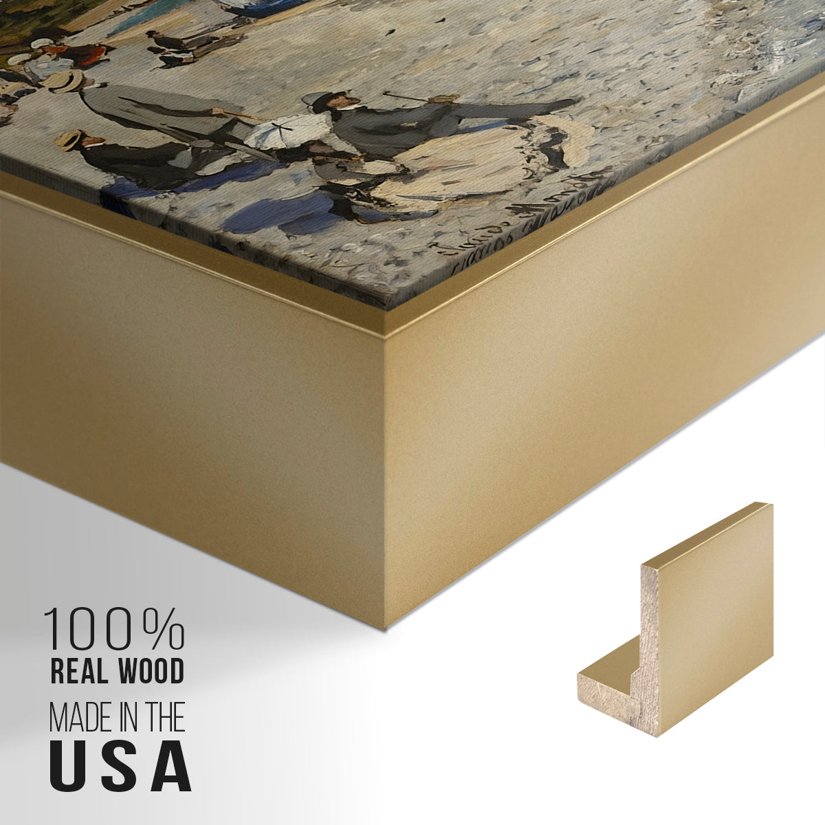 Close-up of the gold floater frame corner and gallery wrapped canvas construction.