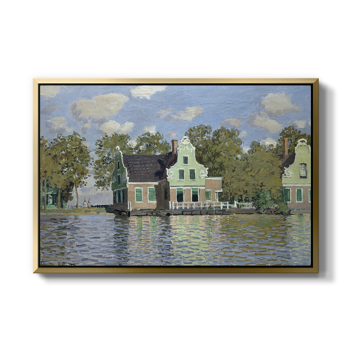 Houses on the Zaan River at Zaandam, 1871 by Claude Monet in a gold floater framed canvas wall art display.
