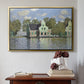 Gold floater framed canvas featuring Houses on the Zaan River at Zaandam, 1871 by Claude Monet above an entryway table in a minimalist foyer.