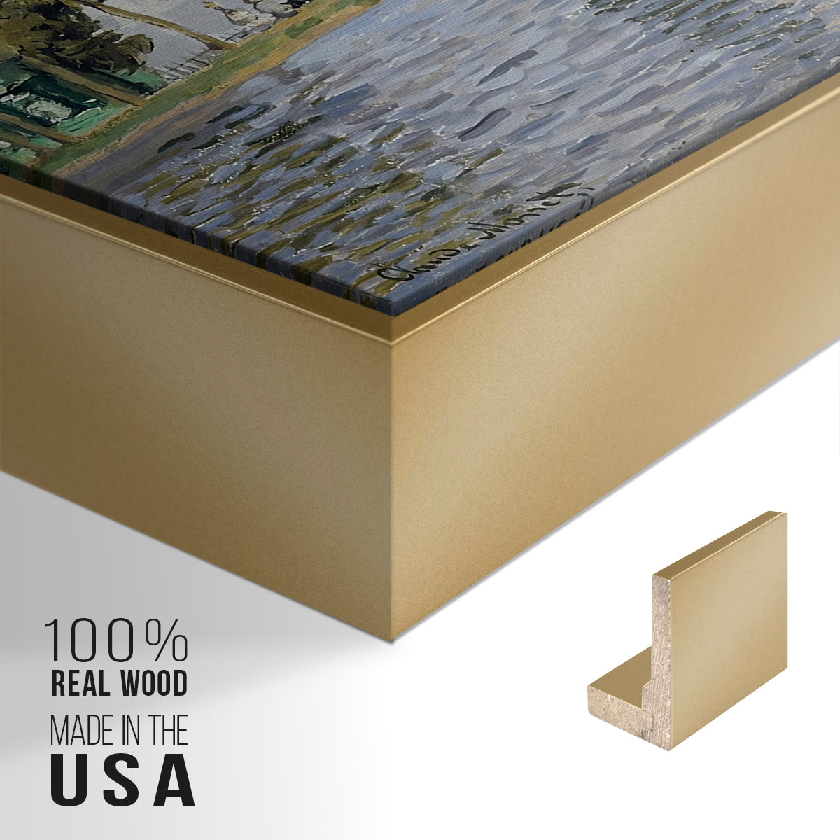 Close-up of the gold floater frame corner and gallery wrapped canvas construction.
