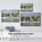 Size comparison chart for gold floater framed canvas featuring Houses on the Zaan River at Zaandam, 1871 by Claude Monet.