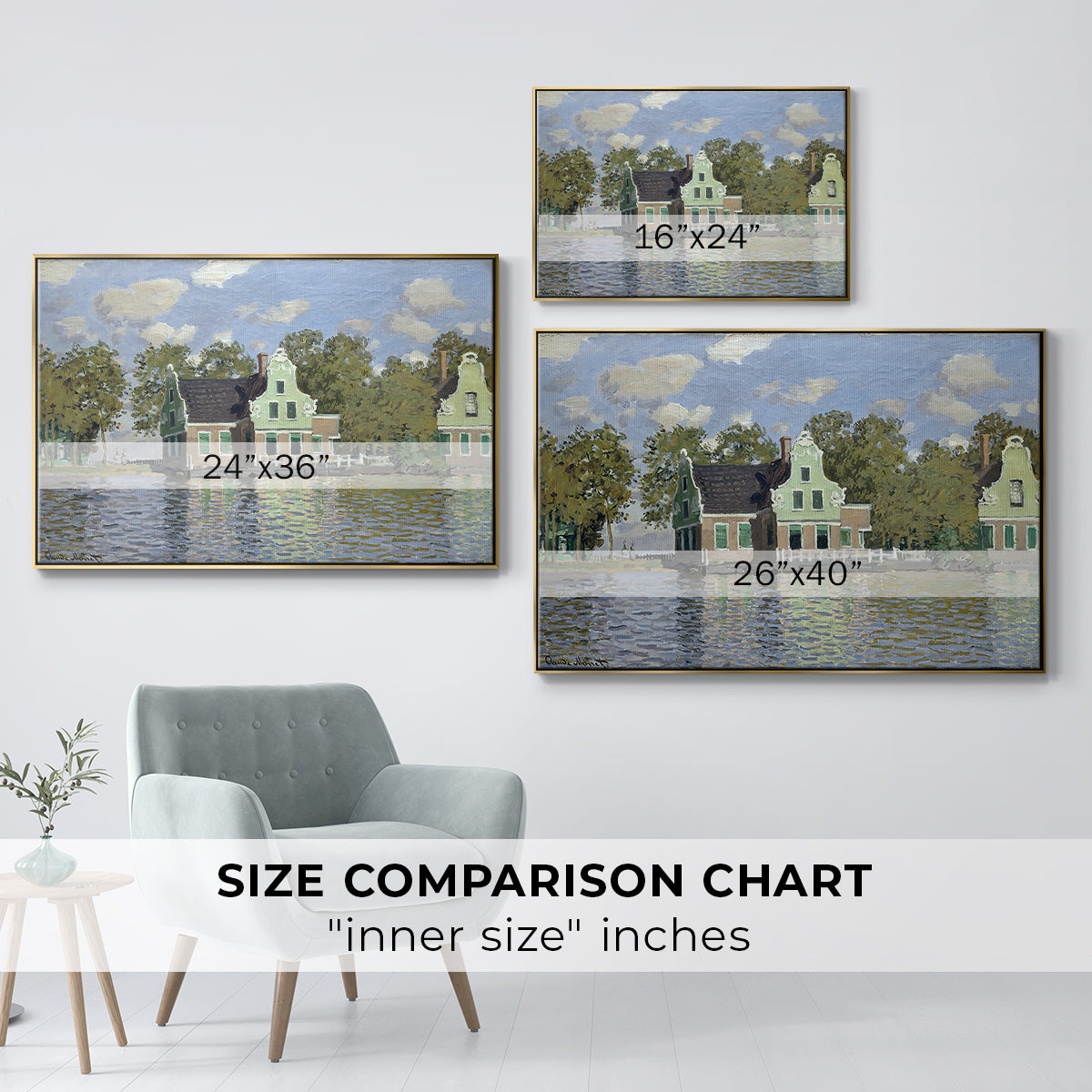 Size comparison chart for gold floater framed canvas featuring Houses on the Zaan River at Zaandam, 1871 by Claude Monet.