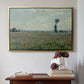 Gold floater framed canvas featuring Poppy Field, 1881 by Claude Monet above an entryway table in a minimalist foyer.
