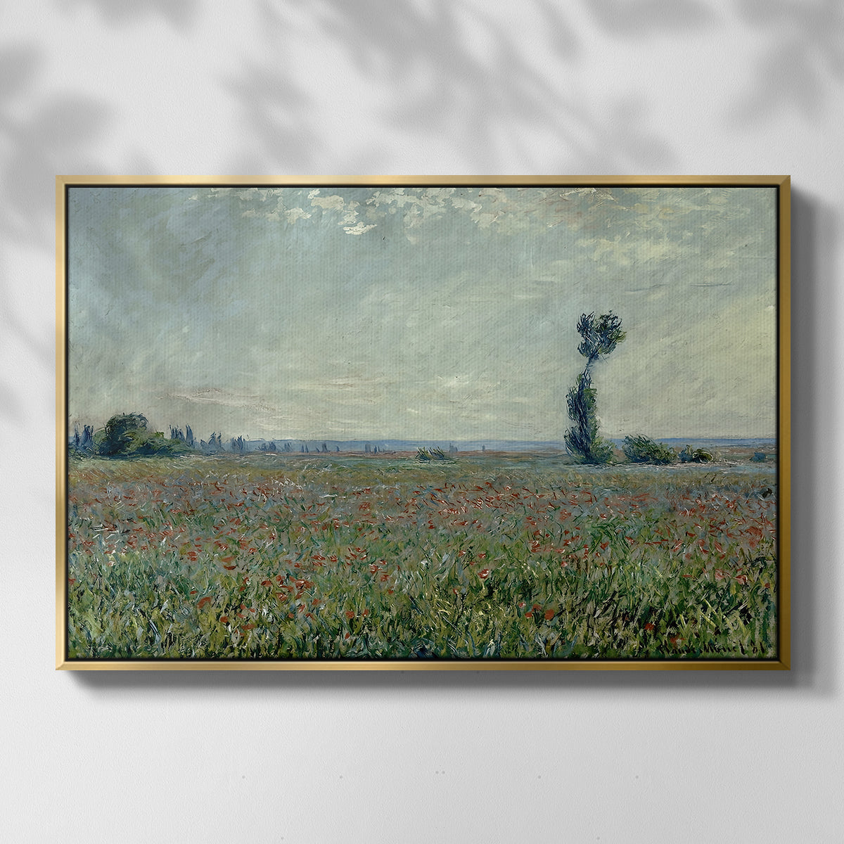 Front view of Poppy Field, 1881 by Claude Monet in a gold floater framed canvas.