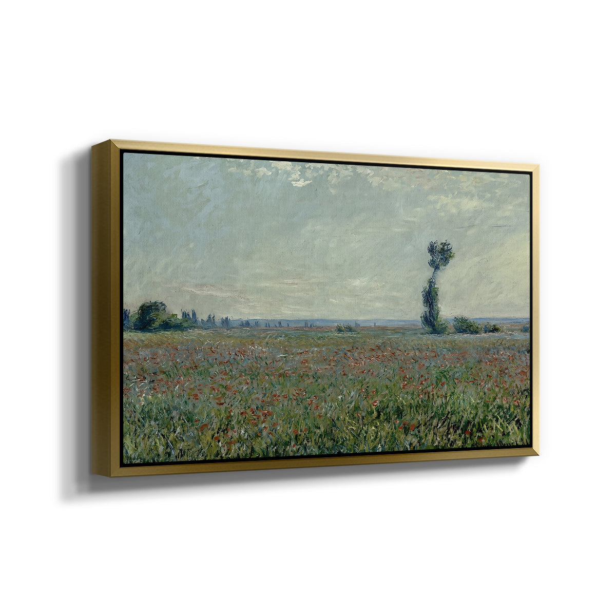 Angled view of Poppy Field, 1881 by Claude Monet in a gold floater framed canvas.