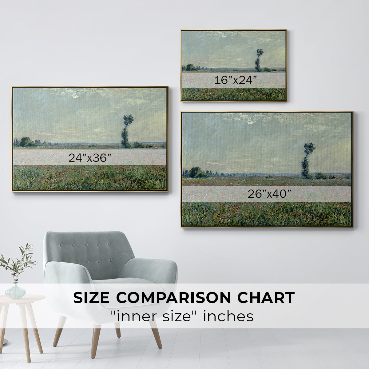 Size comparison chart for gold floater framed canvas featuring Poppy Field, 1881 by Claude Monet.