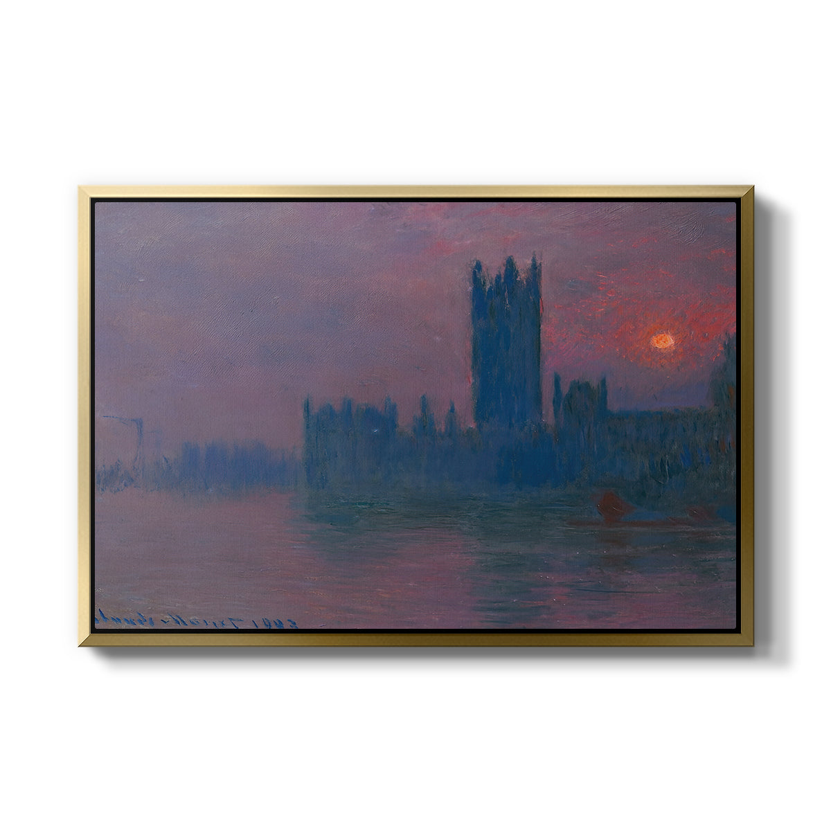 The Houses of Parliament, Sunset, 1903 by Claude Monet in a gold floater framed canvas wall art display.