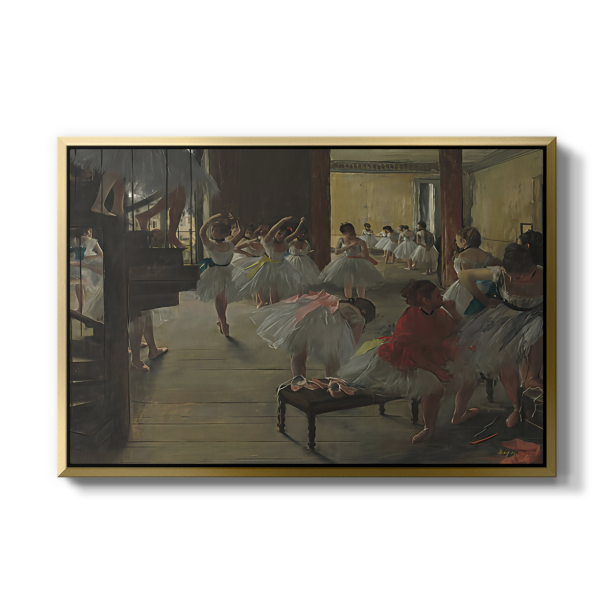 The Dance Class, c. 1873 by Edgar Degas in a gold floater framed canvas wall art display.