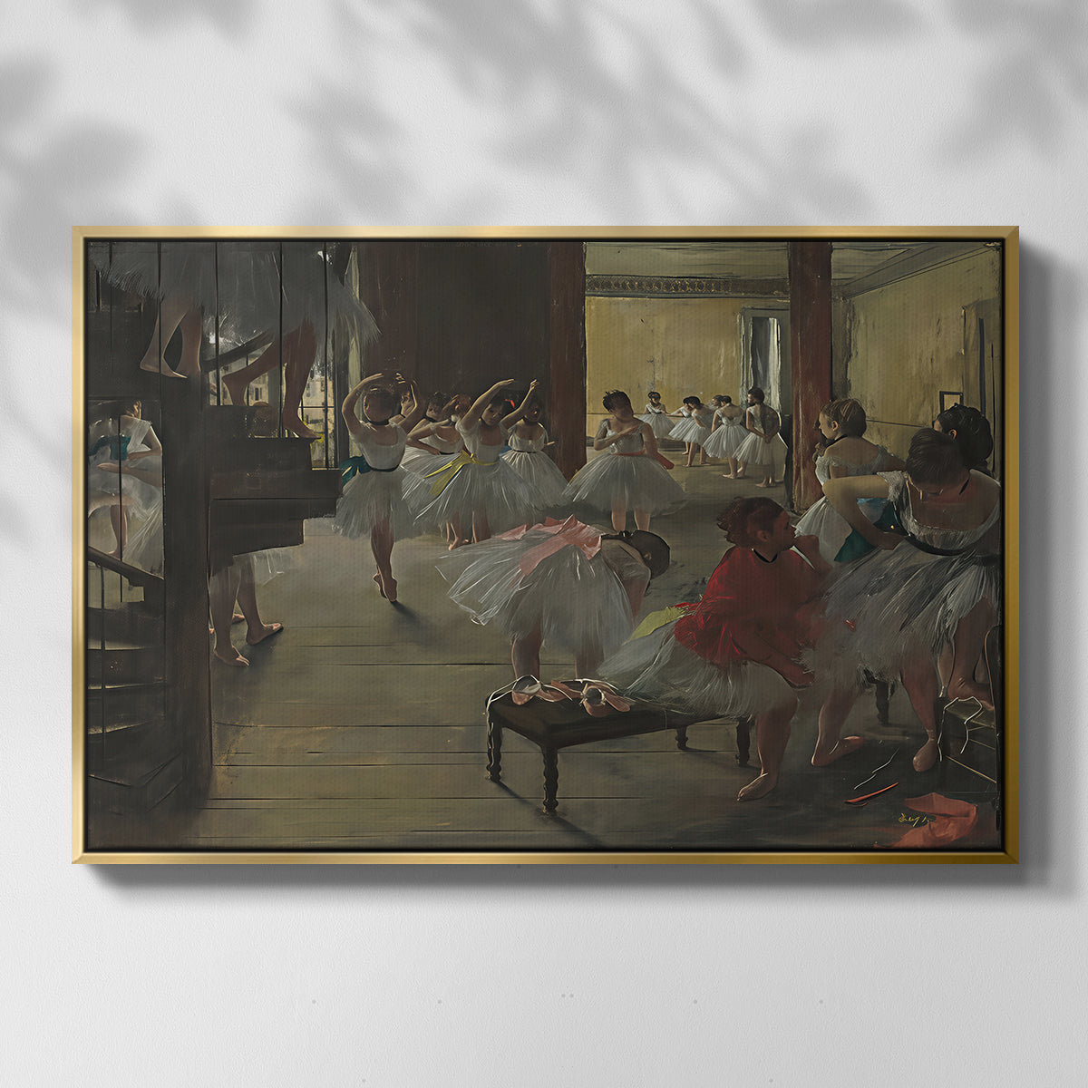 Front view of The Dance Class, c. 1873 by Edgar Degas in a gold floater framed canvas.