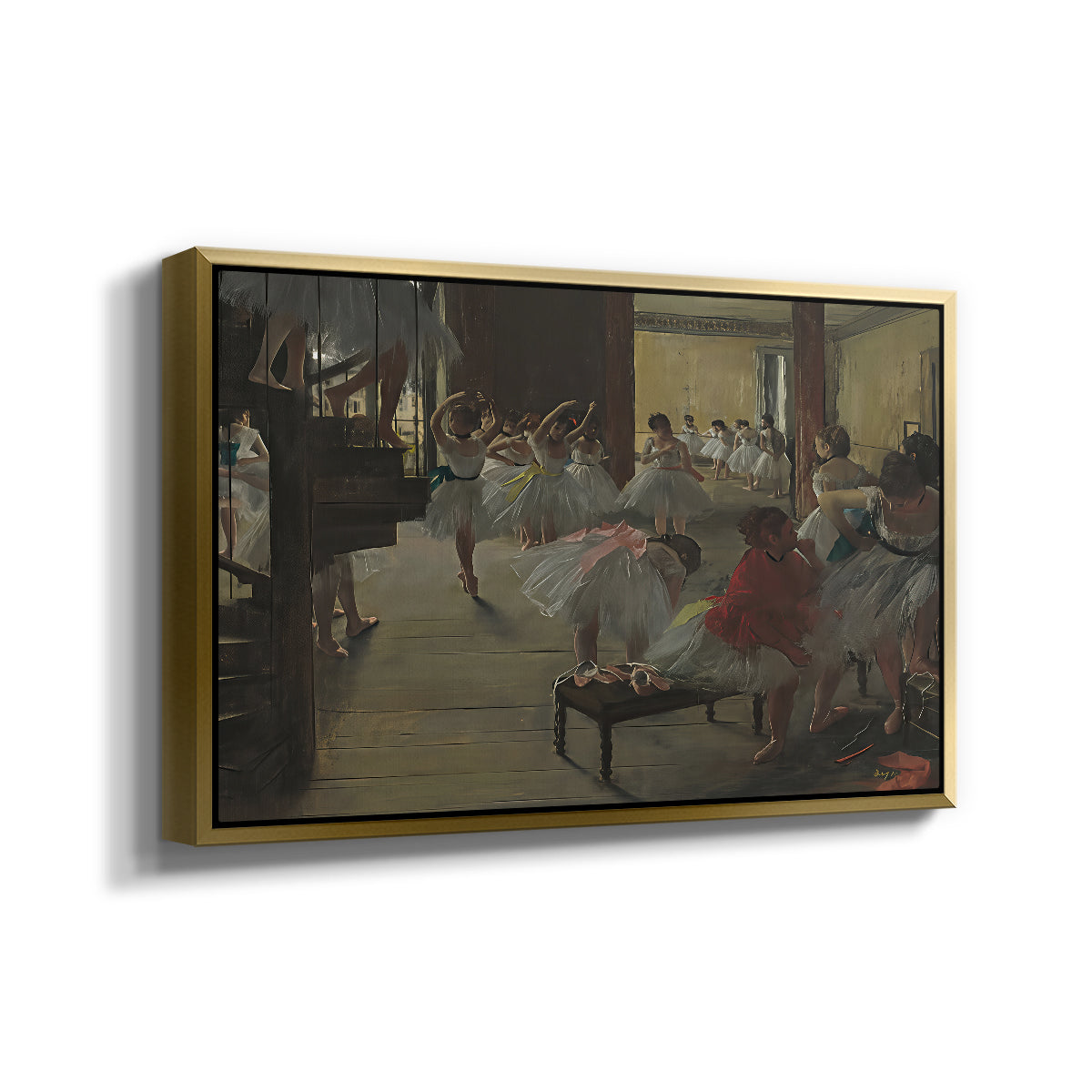 Angled view of The Dance Class, c. 1873 by Edgar Degas in a gold floater framed canvas.