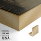 Close-up of the gold floater frame corner and gallery wrapped canvas construction.