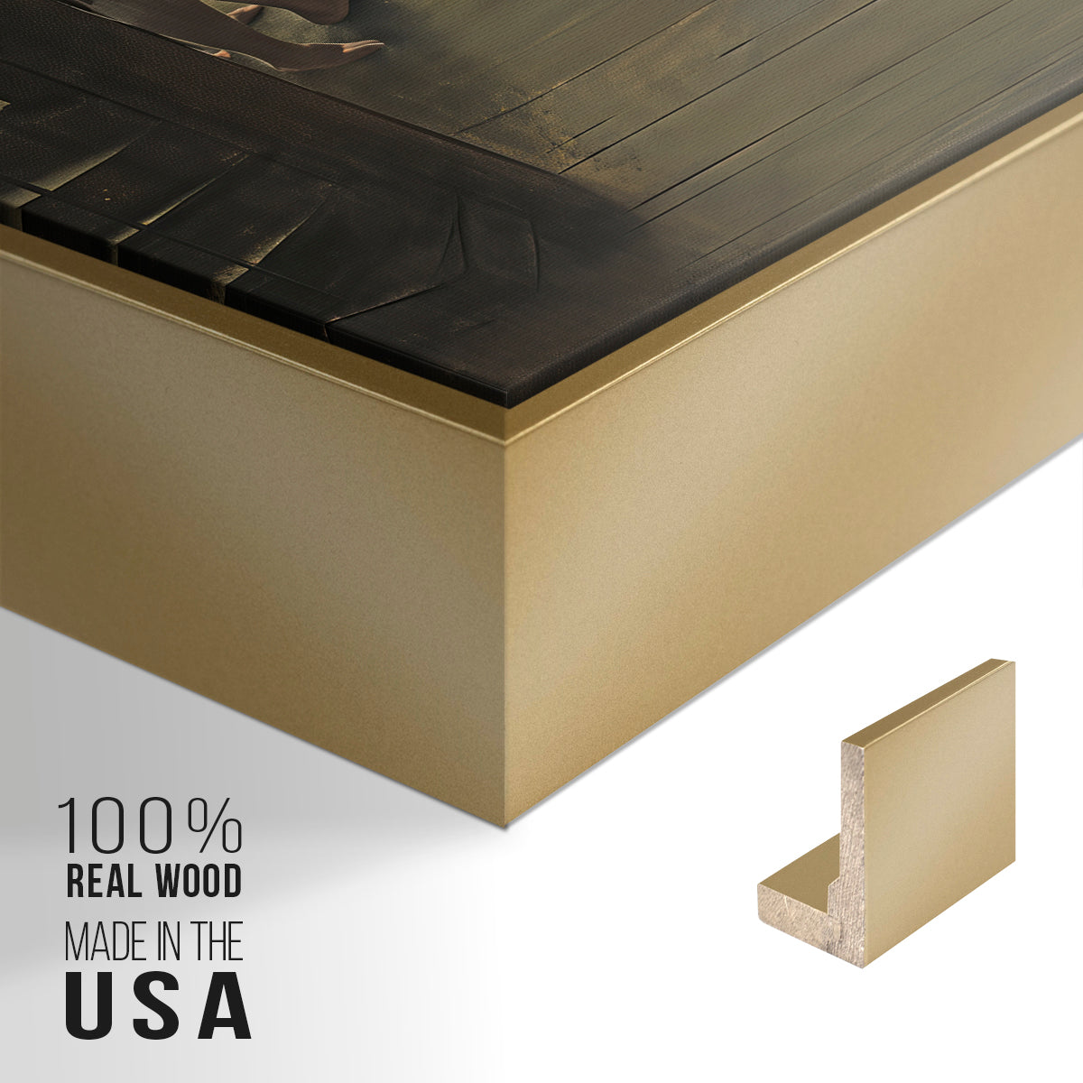 Close-up of the gold floater frame corner and gallery wrapped canvas construction.