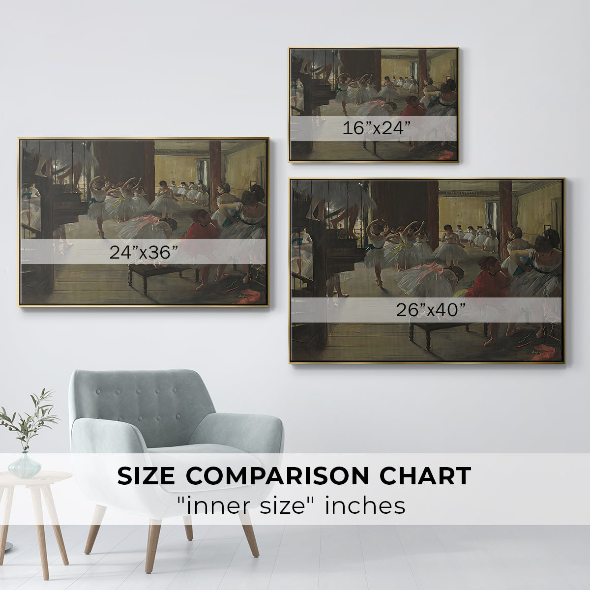 Size comparison chart for gold floater framed canvas featuring The Dance Class, c. 1873 by Edgar Degas.