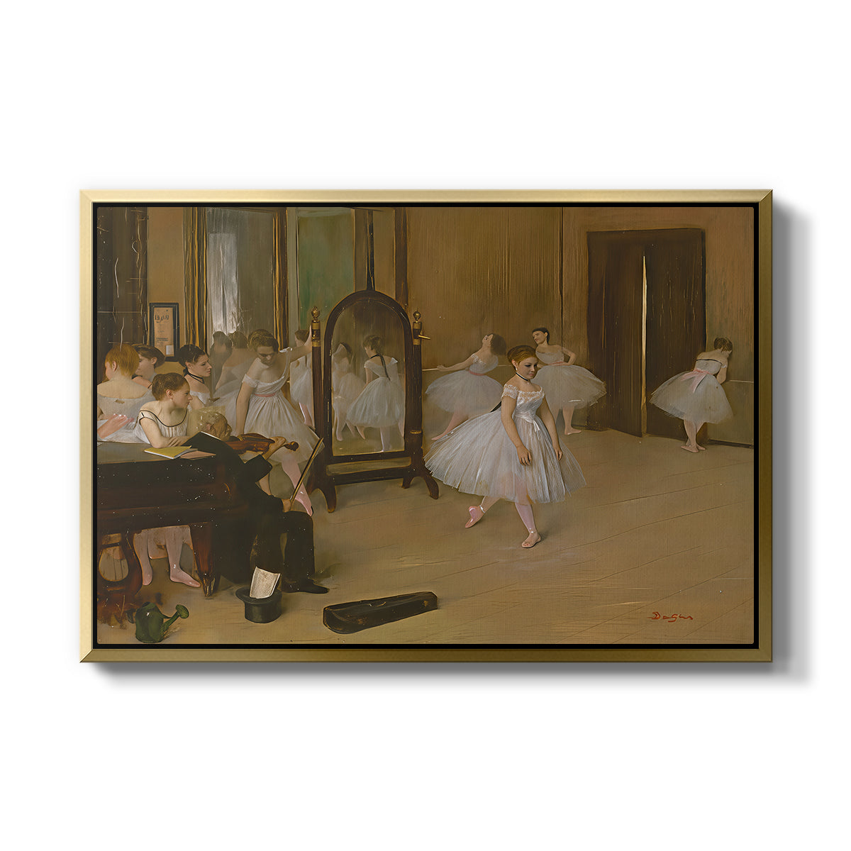 The Dancing Class, c. 1870 by Edgar Degas in a gold floater framed canvas wall art display.