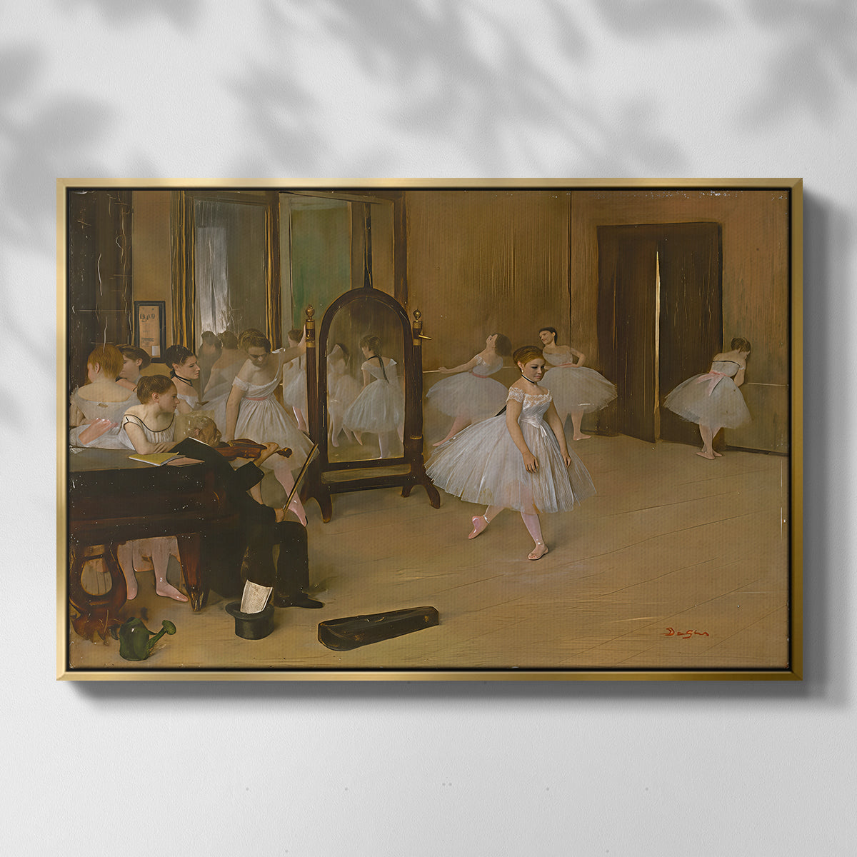 Front view of The Dancing Class, c. 1870 by Edgar Degas in a gold floater framed canvas.