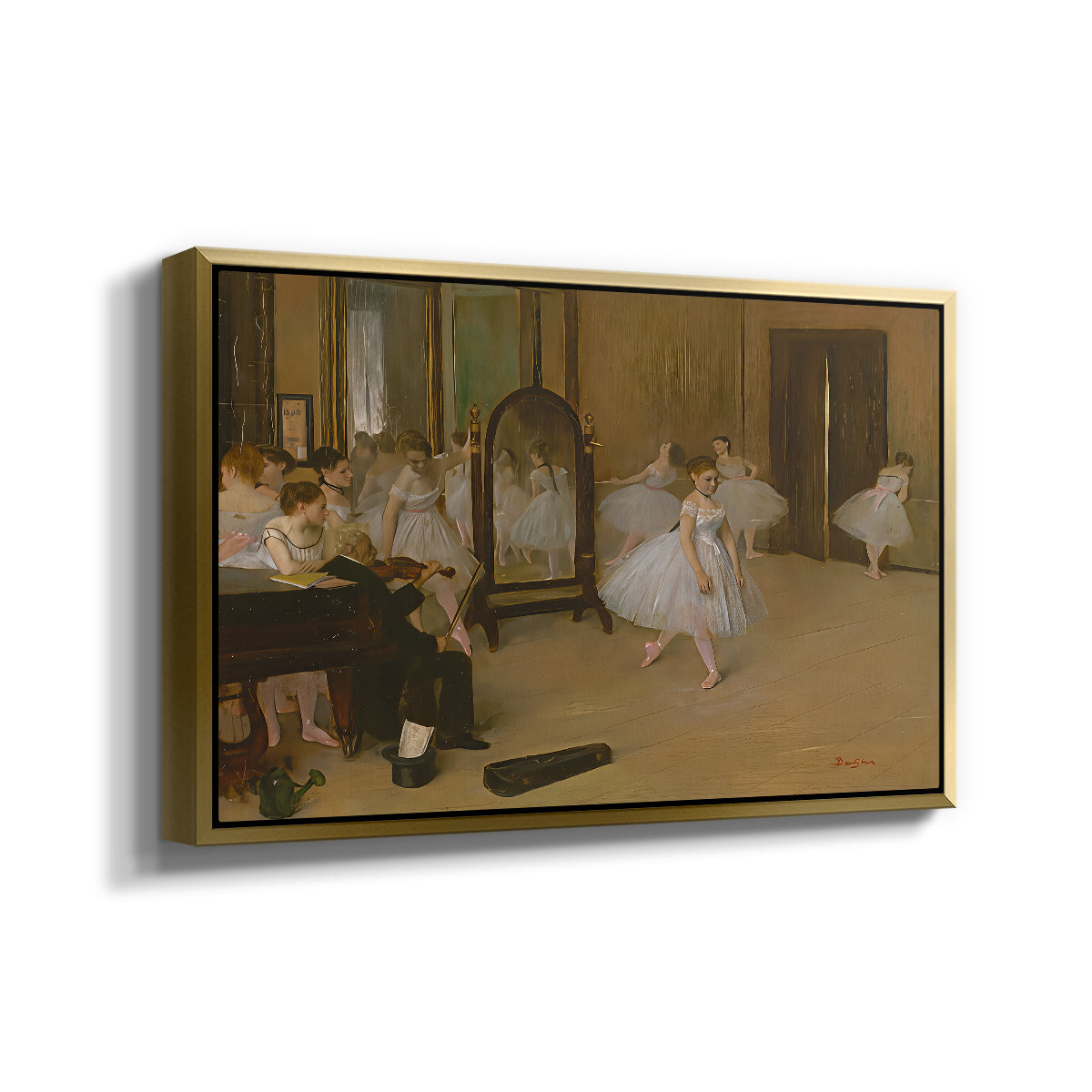 Angled view of The Dancing Class, c. 1870 by Edgar Degas in a gold floater framed canvas.