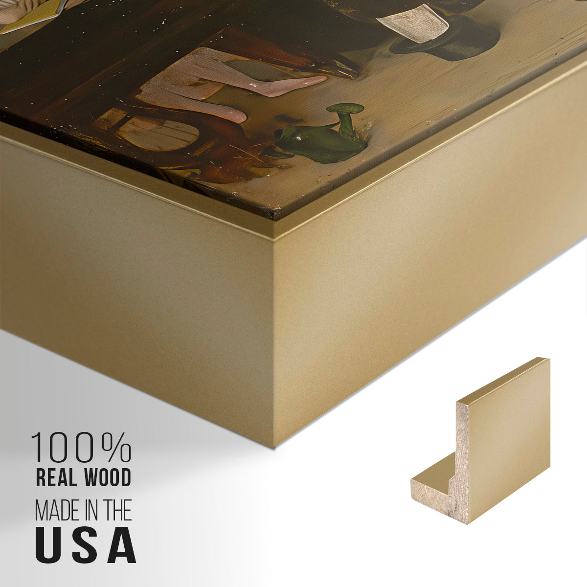 Close-up of the gold floater frame corner and gallery wrapped canvas construction.