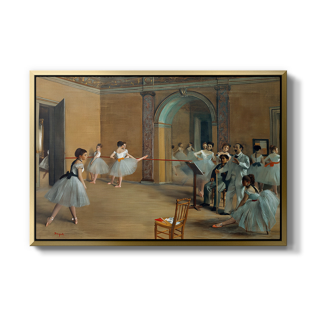 The Dance Foyer at the Opera on the Rue Le Peletier, 1872 by Edgar Degas in a gold floater framed canvas wall art display.