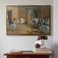 Gold floater framed canvas featuring The Dance Foyer at the Opera on the Rue Le Peletier, 1872 by Edgar Degas above an entryway table in a minimalist foyer.