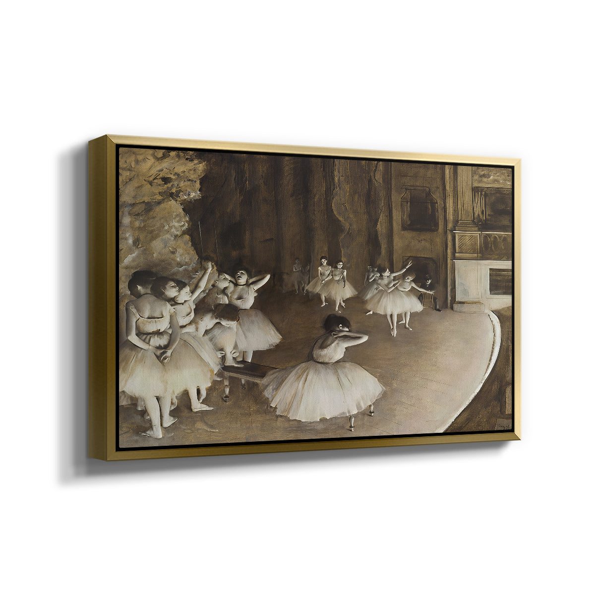 Angled view of The Rehearsal of the Ballet Onstage, 1874 by Edgar Degas in a gold floater framed canvas.