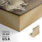 Close-up of the gold floater frame corner and gallery wrapped canvas construction.