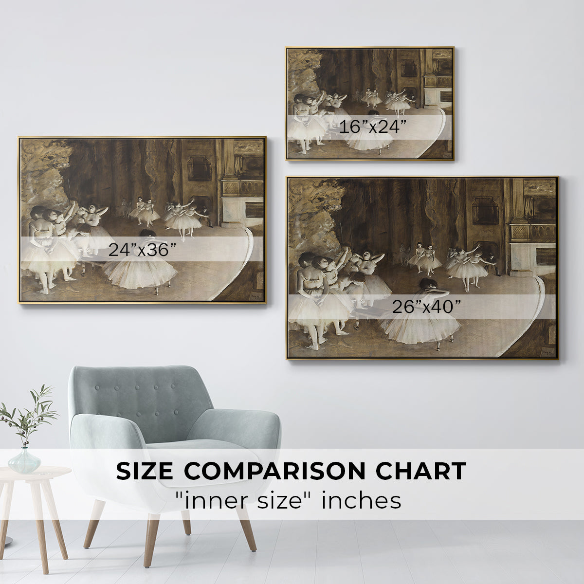 Size comparison chart for gold floater framed canvas featuring The Rehearsal of the Ballet Onstage, 1874 by Edgar Degas.