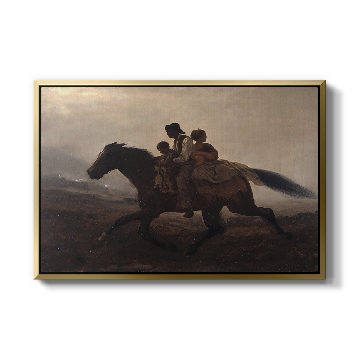 A Ride for Liberty – The Fugitive Slaves, c. 1862 by Eastman Johnson in a gold floater framed canvas wall art display.