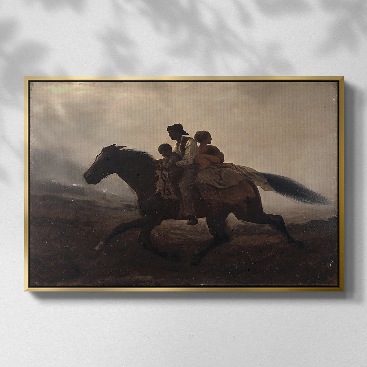 Front view of A Ride for Liberty – The Fugitive Slaves, c. 1862 by Eastman Johnson in a gold floater framed canvas.