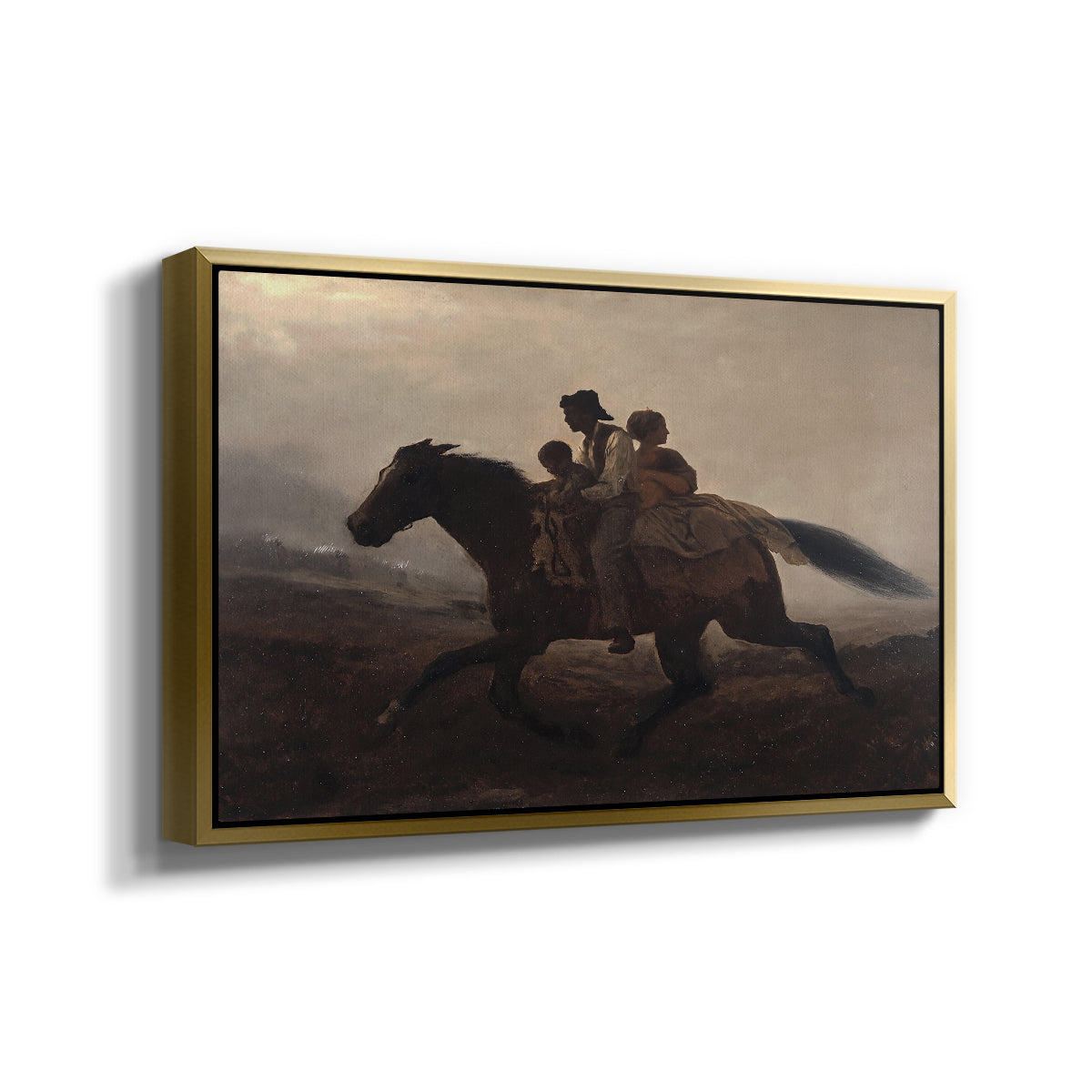 Angled view of A Ride for Liberty – The Fugitive Slaves, c. 1862 by Eastman Johnson in a gold floater framed canvas.