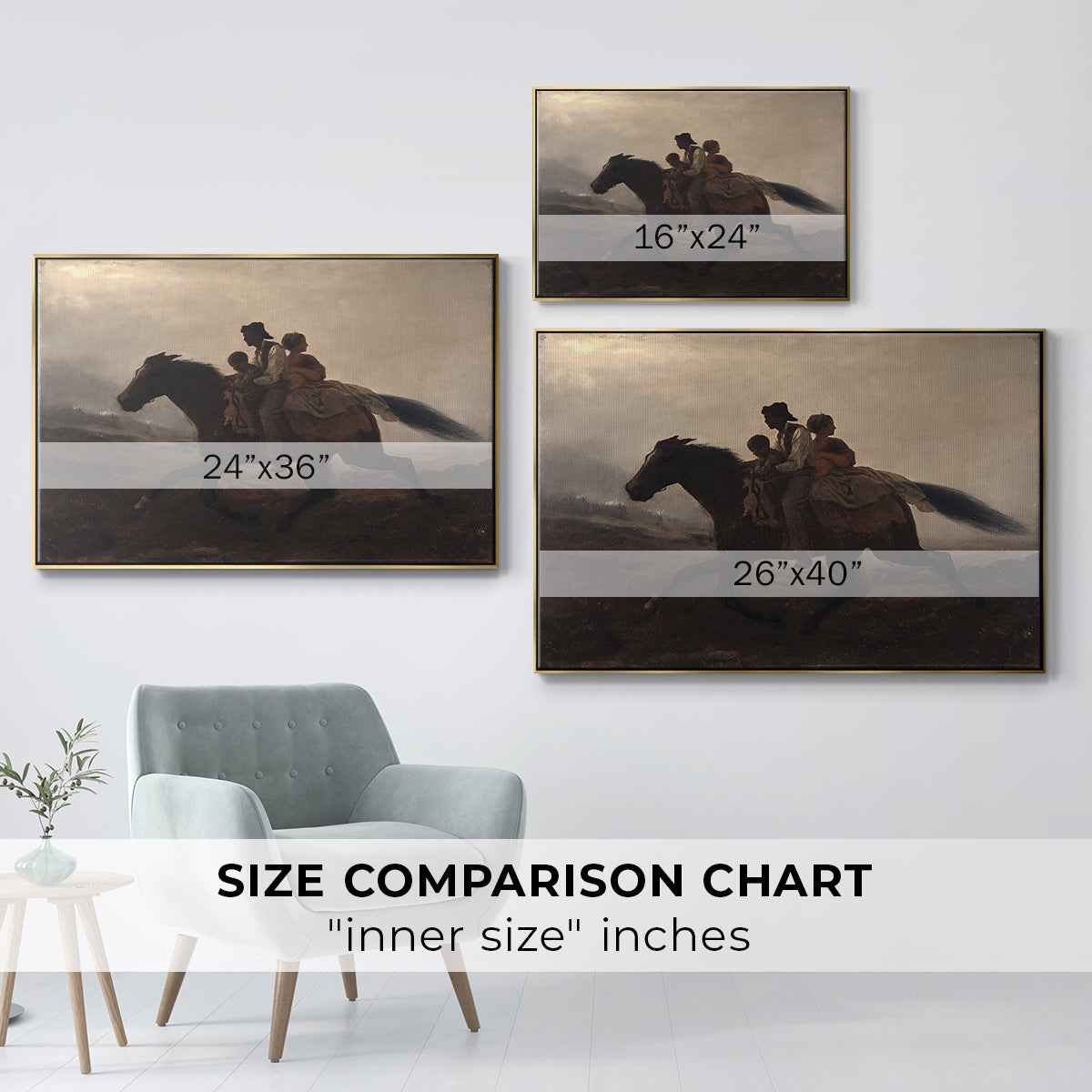 Size comparison chart for gold floater framed canvas featuring A Ride for Liberty – The Fugitive Slaves, c. 1862 by Eastman Johnson.