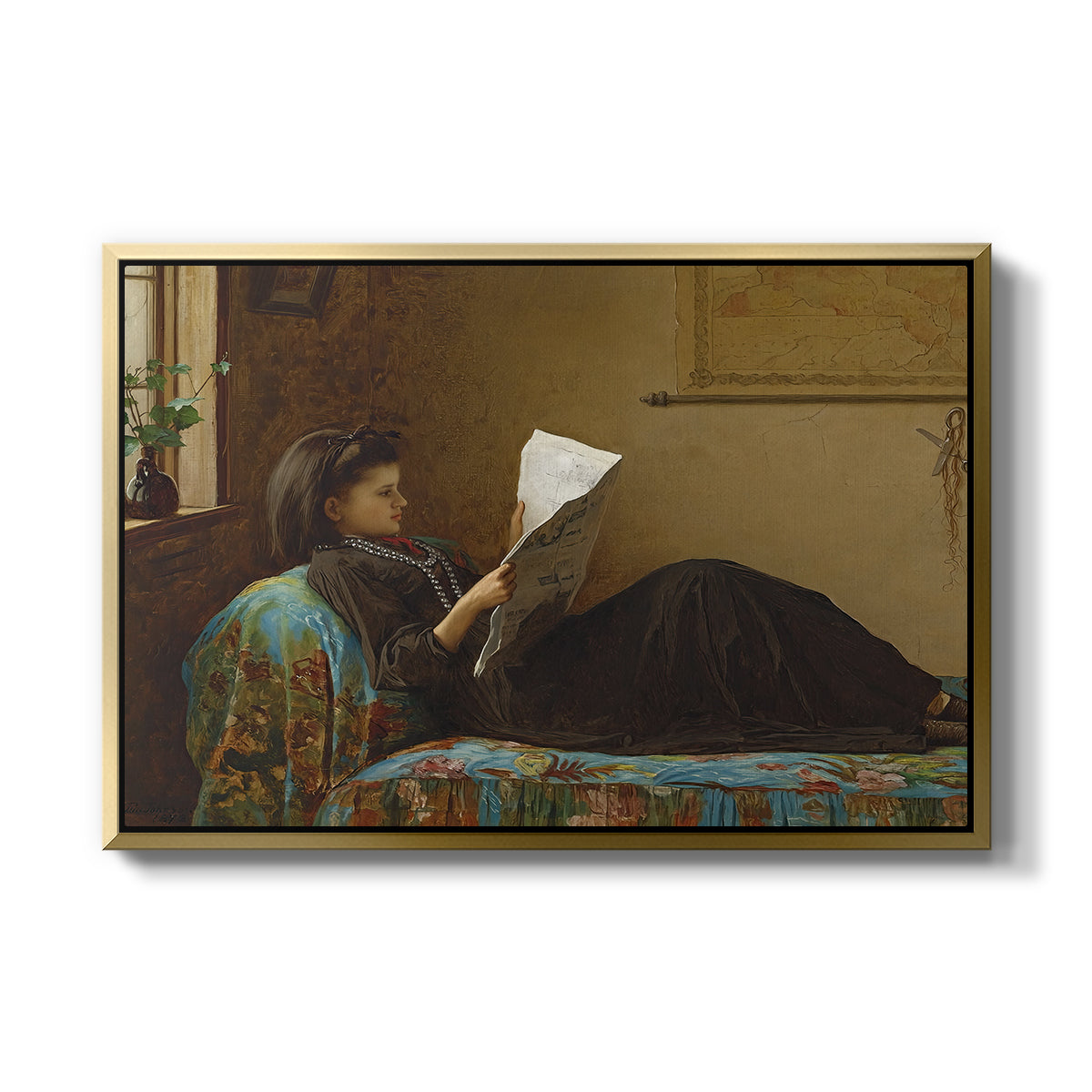 Interesting News, 1872 by Eastman Johnson in a gold floater framed canvas wall art display.
