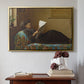 Gold floater framed canvas featuring Interesting News, 1872 by Eastman Johnson above an entryway table in a minimalist foyer.
