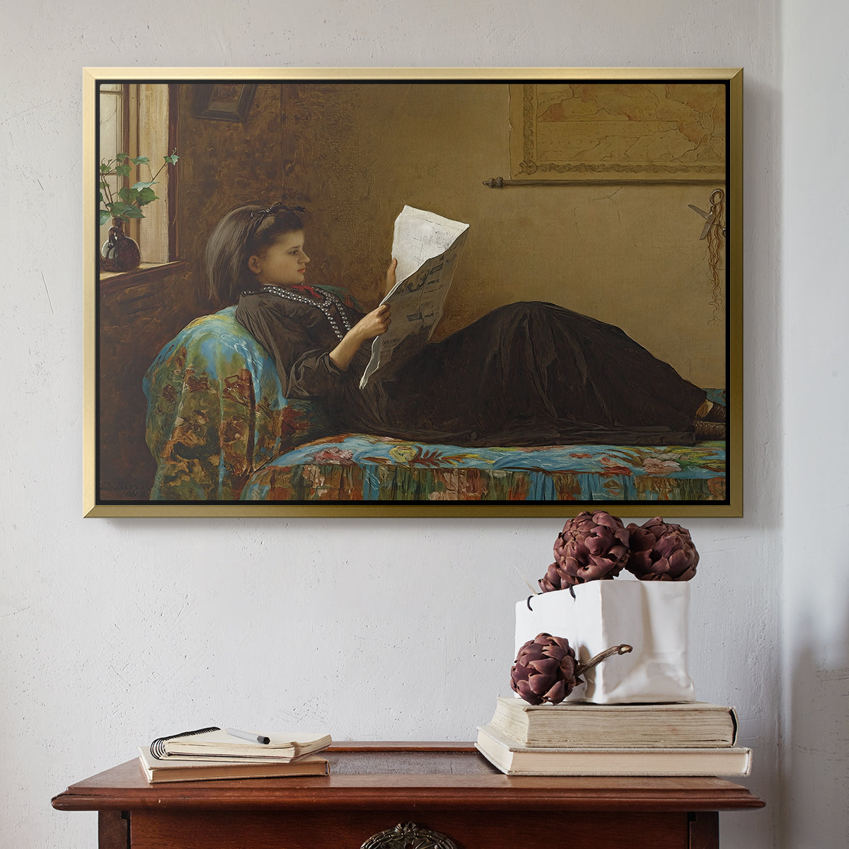 Gold floater framed canvas featuring Interesting News, 1872 by Eastman Johnson above an entryway table in a minimalist foyer.