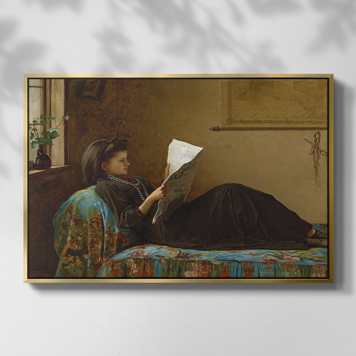 Front view of Interesting News, 1872 by Eastman Johnson in a gold floater framed canvas.