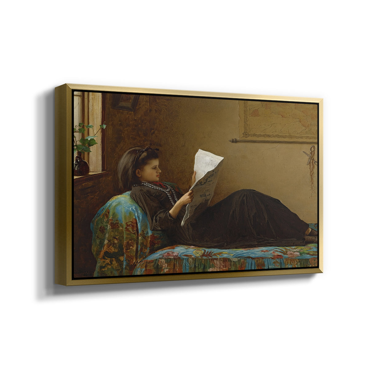 Angled view of Interesting News, 1872 by Eastman Johnson in a gold floater framed canvas.